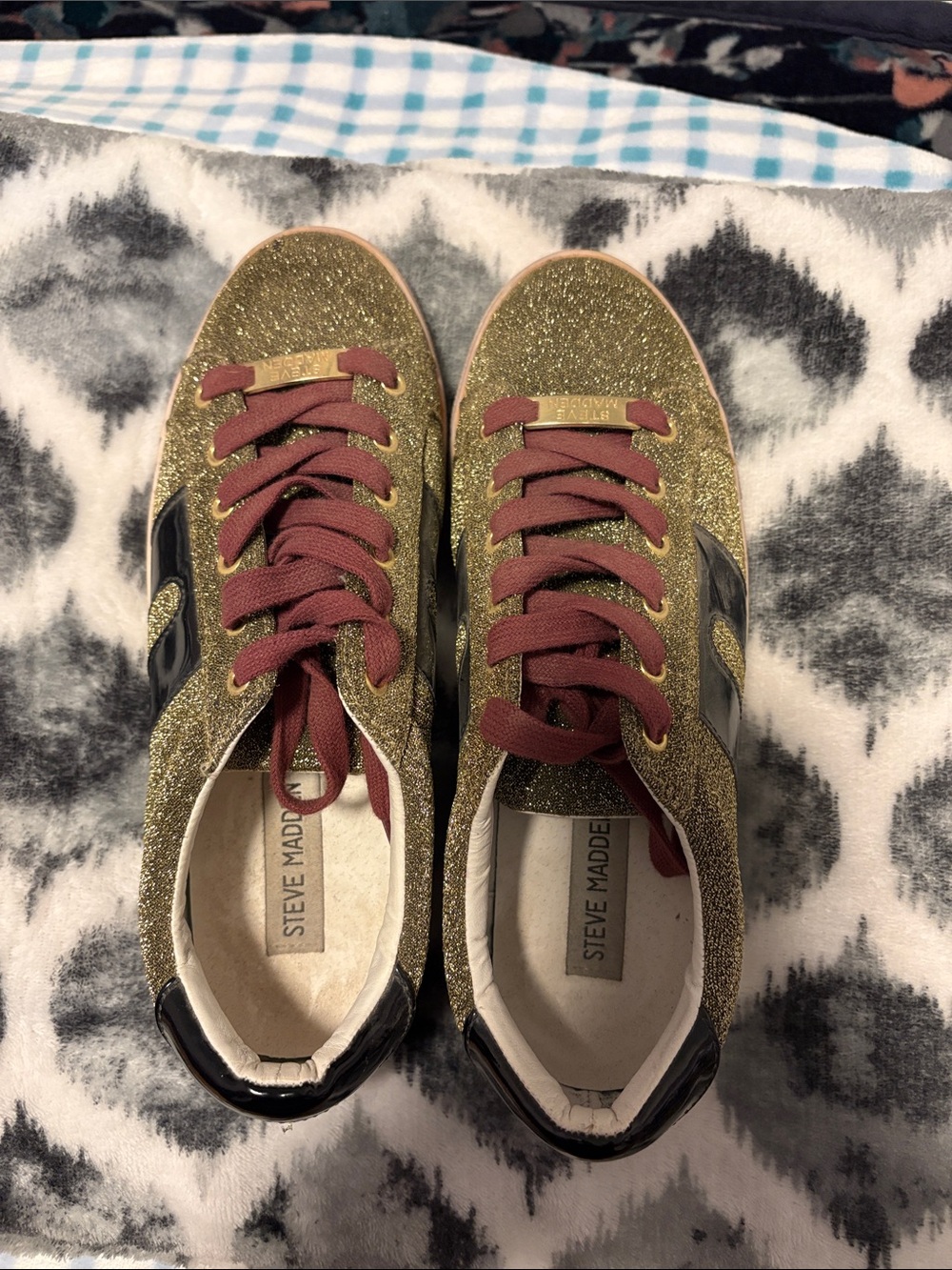 Steve Madden Gold Glitter Sneakers with Burgundy Laces and Black Accents